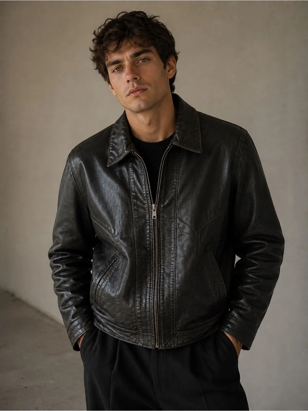 Vintage Sears The Leather Shop Black Leather Jacket Sherpa Lined Sz 44R Zip Moto
